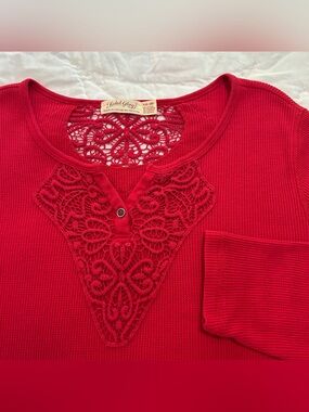 VTG Y2K Faded Glory Thermal Henley Top Shirt Crochet Trim Womens XXL Pink Spring